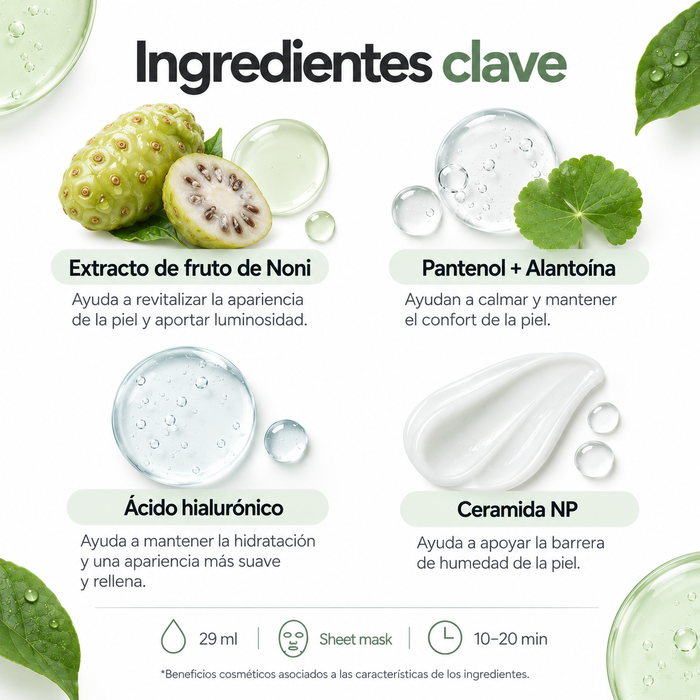Infografía en español de ingredientes clave Celimax Noni Ampoule Mask 29ml