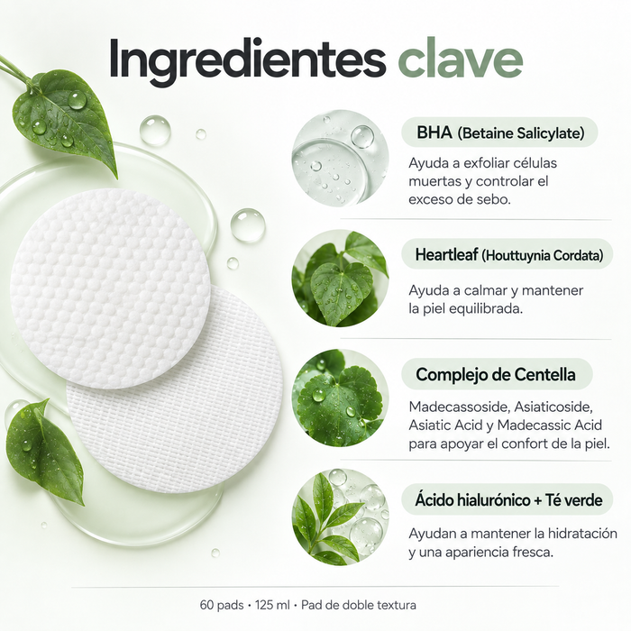 Infografía en español de ingredientes clave Celimax JIWOOGAE Heartleaf BHA Peeling Pad