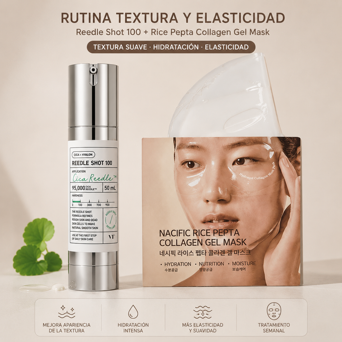 Rutina Textura y Elasticidad VT Reedle Shot 100 + Rice Pepta Collagen Mask