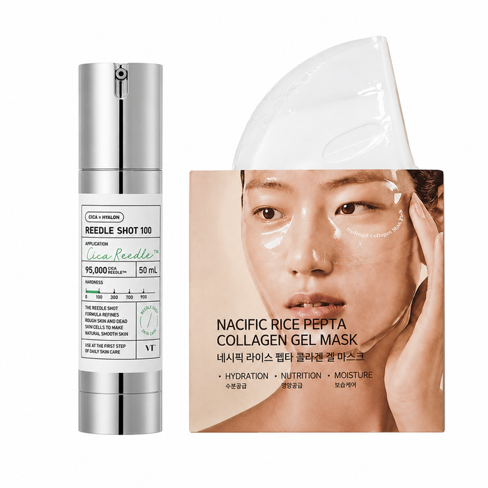 Rutina Textura y Elasticidad VT Reedle Shot 100 + Rice Pepta Collagen Mask