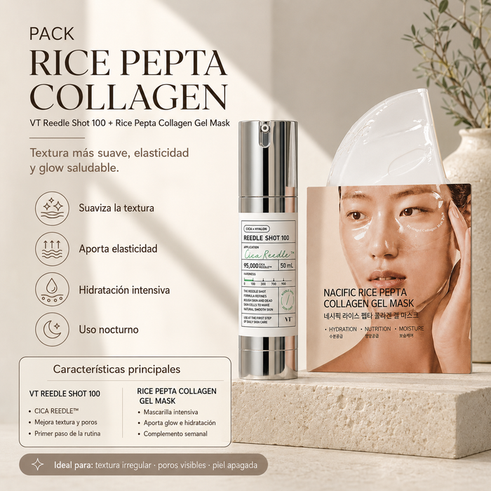 Rutina Textura y Elasticidad VT Reedle Shot 100 + Rice Pepta Collagen Mask