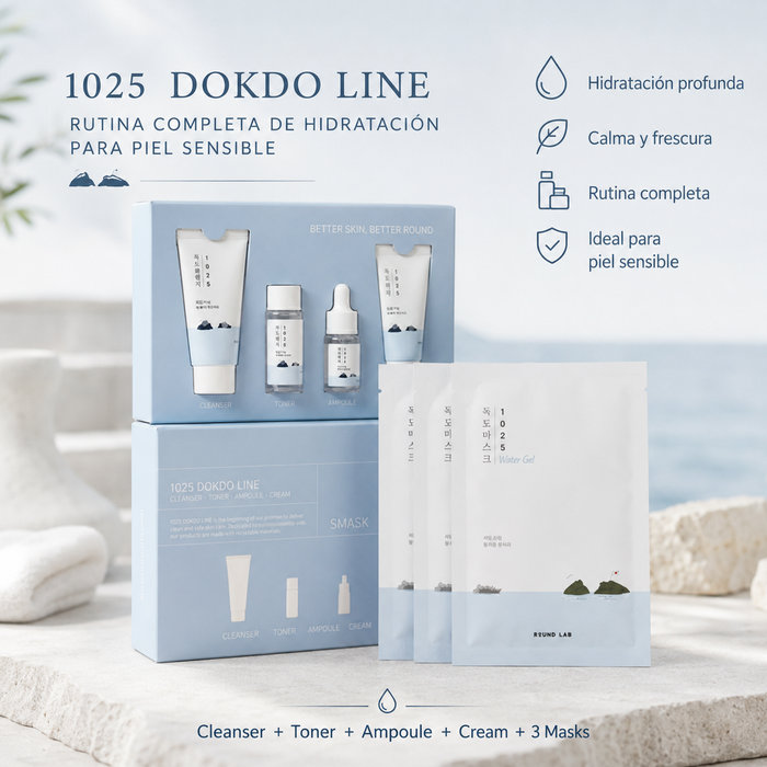 Rutina Hidratante Round Lab 1025 Dokdo + 3 Mascarillas Gel Calmante