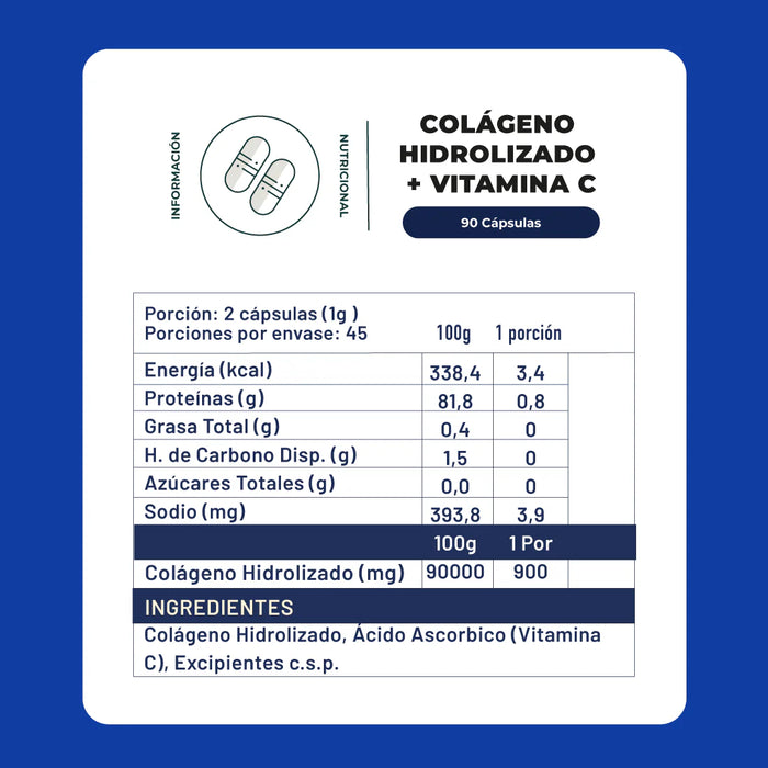 Colágeno Hidrolizado + Vitamina C 90 Capsulas 500 Mg