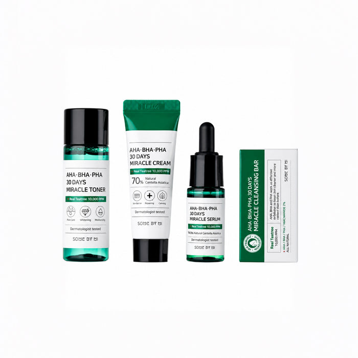 Productos SOME BY MI AHA-BHA-PHA 30 Days Miracle Starter Kit sobre fondo claro, incluyendo tónico, crema, sérum y barra limpiadora.