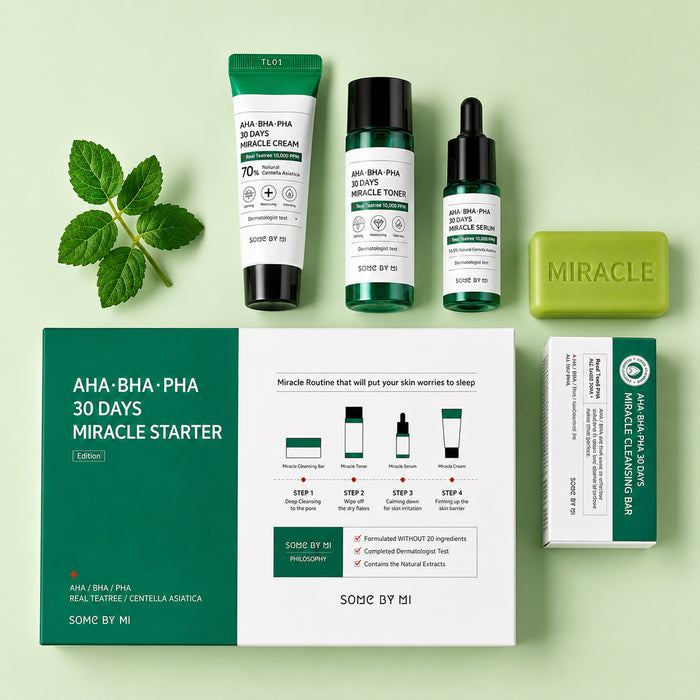 SOME BY MI AHA-BHA-PHA 30 Days Miracle Starter Kit con crema, tónico, sérum, barra limpiadora y presentación del set.