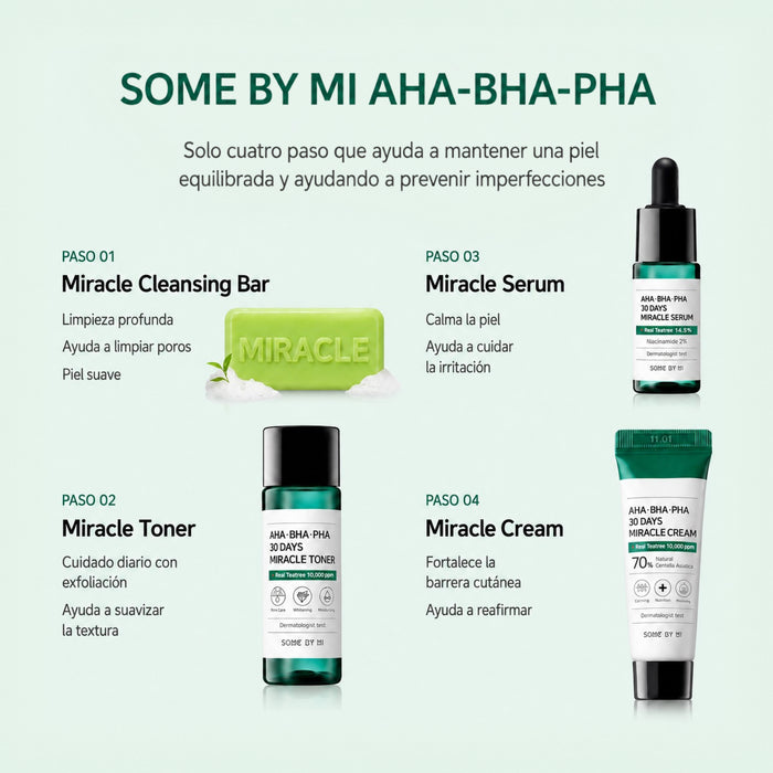 Rutina SOME BY MI AHA-BHA-PHA 30 Days Miracle en 4 pasos con limpiador, tónico, sérum y crema.