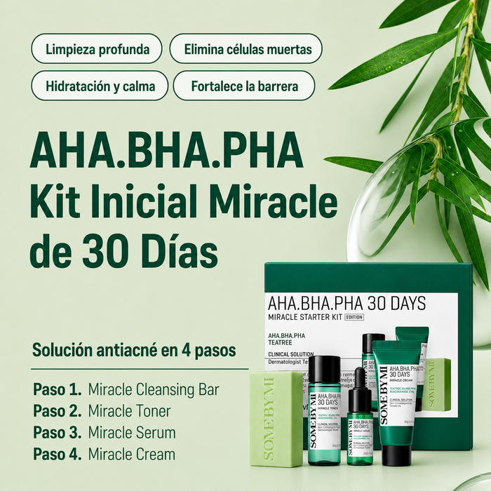Kit SOME BY MI AHA-BHA-PHA 30 Days Miracle Starter con sus 4 productos y principales beneficios para piel con imperfecciones.