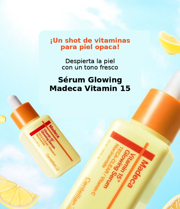 Infografía Centellian24 Madeca Vitamin 15+ Glowing Serum en español