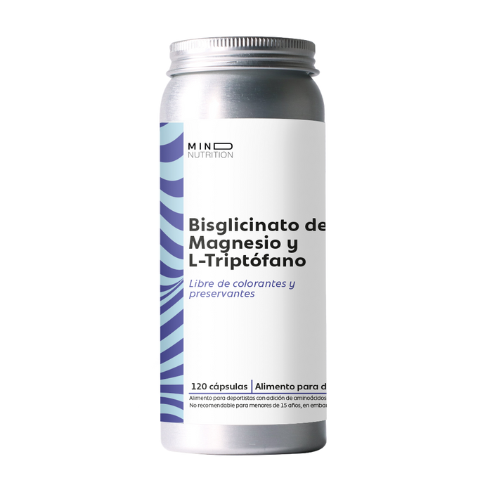 Bisglicinato de Magnesio + L-triptófano 120 cápsulas sobre fondo blanco
