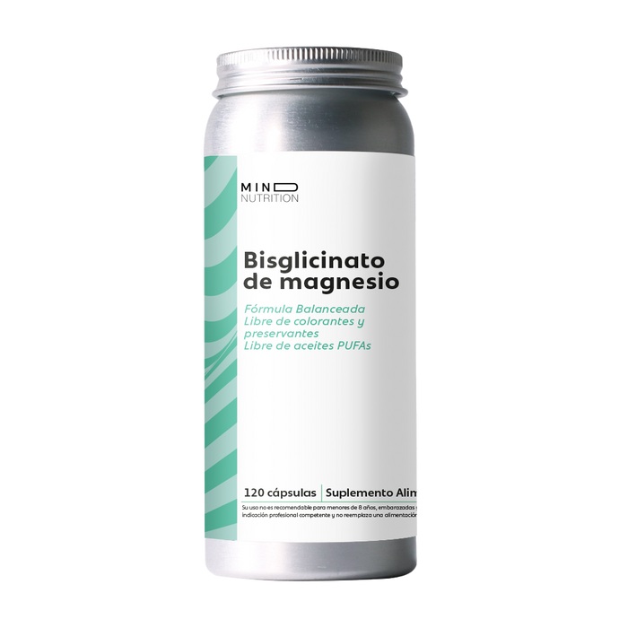 Bisglicinato de Magnesio 400 mg 120 cápsulas sobre fondo blanco