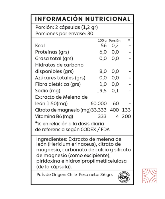 Información nutricional de Melena de León con Magnesio y B6