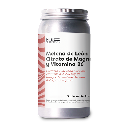 Melena de León + Citrato de Magnesio + Vitamina B6 60 cápsulas sobre fondo blanco