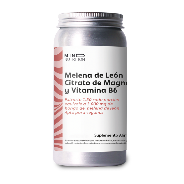 Melena de León + Citrato de Magnesio + Vitamina B6 60 cápsulas sobre fondo blanco