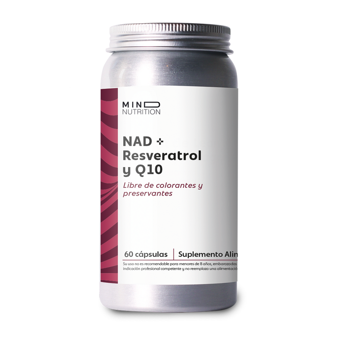 NAD+ + Resveratrol + Coenzima Q10 60 cápsulas sobre fondo blanco