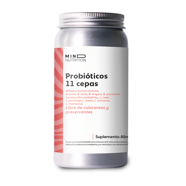Probióticos 11 Cepas 90 cápsulas sobre fondo blanco