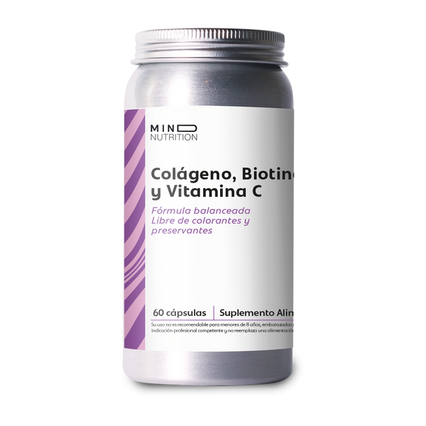 Colágeno + Biotina + Vitamina C 60 cápsulas sobre fondo blanco