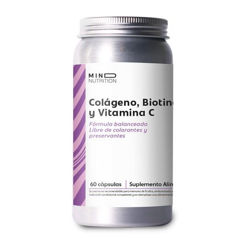 Colágeno + Biotina + Vitamina C 60 cápsulas sobre fondo blanco