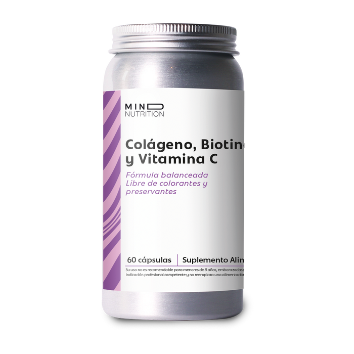 Colágeno + Biotina + Vitamina C 60 cápsulas sobre fondo blanco