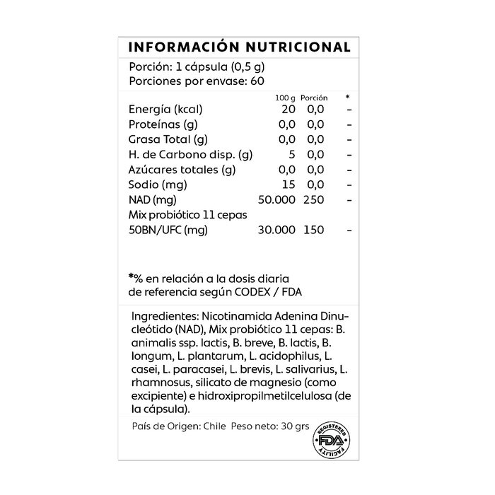Información nutricional NAD+ con Probióticos