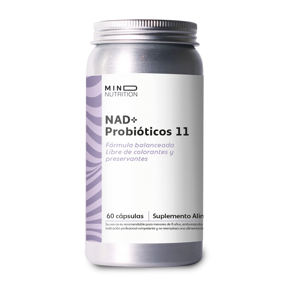 NAD+ + Probióticos 11 Cepas 60 cápsulas sobre fondo blanco