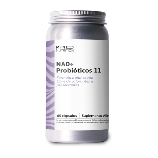 NAD+ + Probióticos 11 Cepas 60 cápsulas sobre fondo blanco