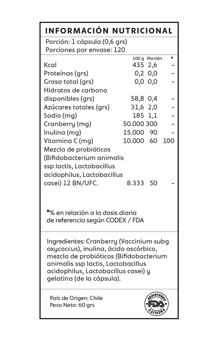 Información nutricional Cranberry Pre Pro