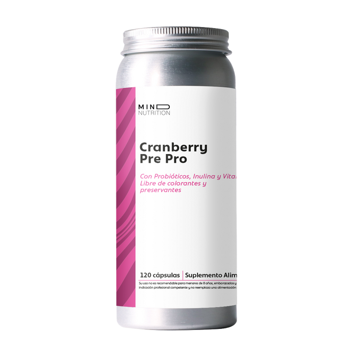 Cranberry + Prebióticos + Probióticos 120 cápsulas sobre fondo blanco