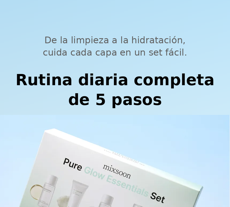 Infografía mixsoon Pure Glow Essentials Set rutina diaria 5 pasos en español
