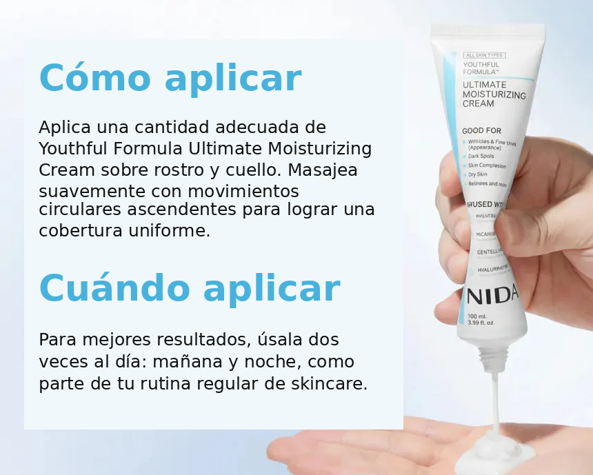 Infografía NIDA Youthful Formula Ultimate Moisturizing Cream modo de uso en español